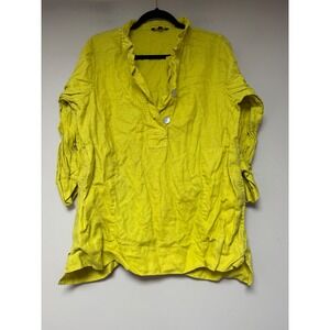 John Mark 100% Linen Tunic Top Chartreuse Yellow Henley Ruffle Womens Large flaw